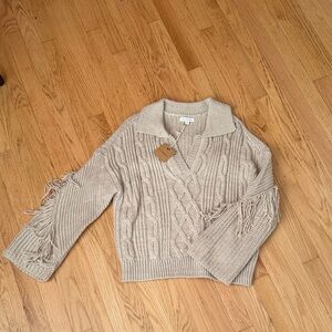 Blu Pepper V-Neck Fringe Cable Knit Sweater in Beige